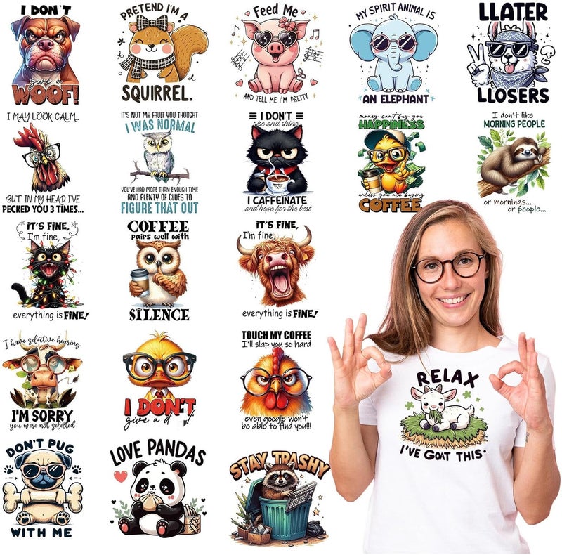 Shejdgart Dtf Transfers Ready to Press - 20 Pcs Funny Animal Iron on Transfers for T-Shirts Sarcastic Cat Dog Cow Heat Transfer Vinyl Stickers Patches Decals for Clothes Bag Pillow DIY Decor - Image 1